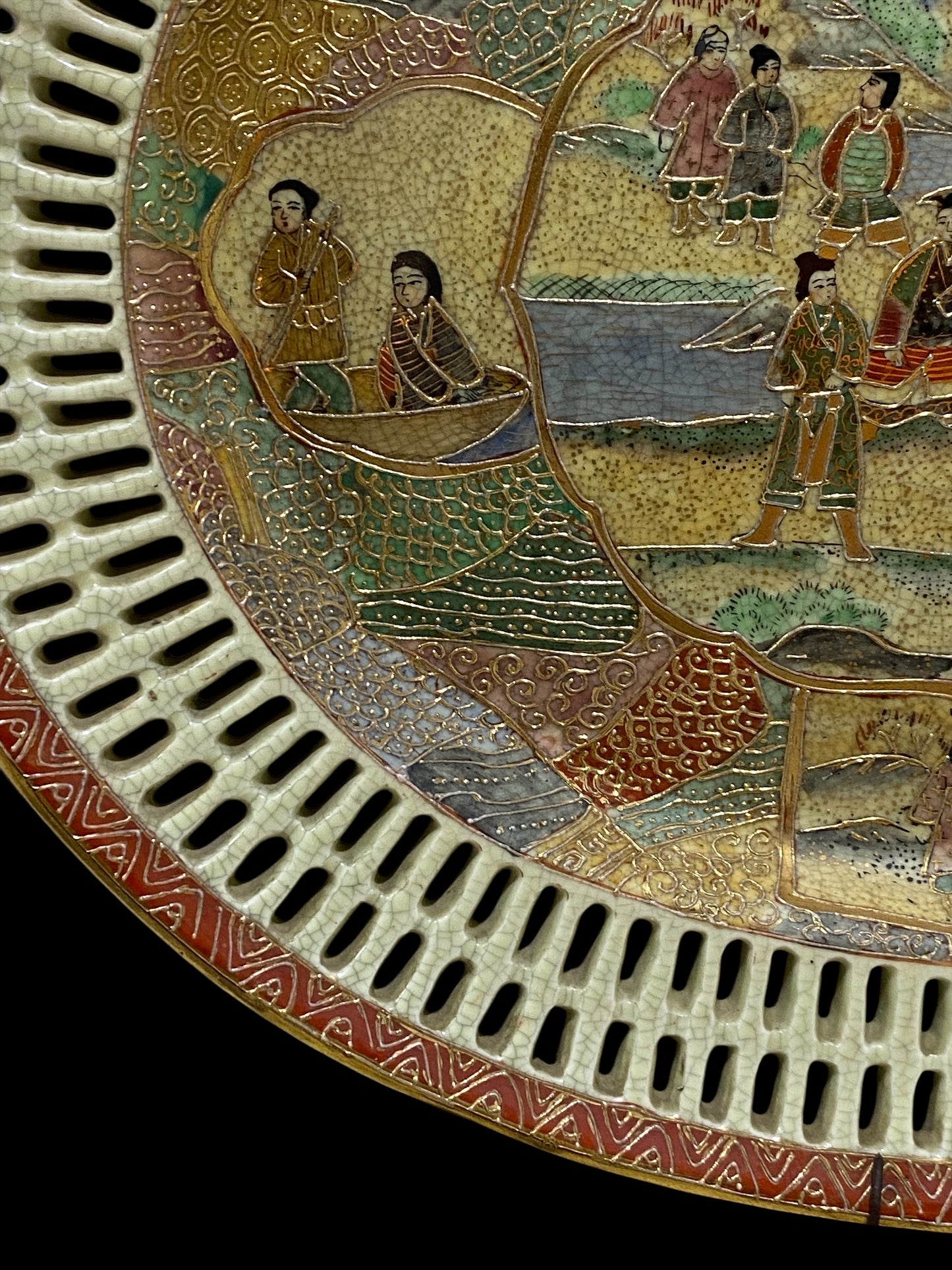 Antique Chinese Satsuma Reticulated Oval Plate – Filigree Edge – Hand-Painted Scene