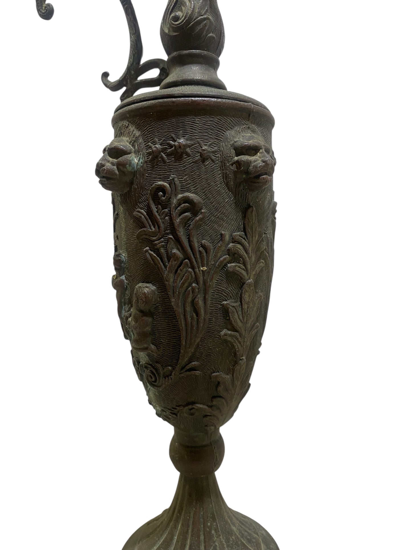 Ornate Italian Brass Ewer with Lion Heads & Putti – Gothic Revival Style