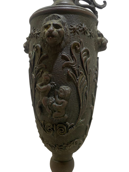 Ornate Italian Brass Ewer with Lion Heads & Putti – Gothic Revival Style