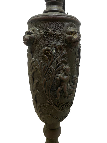 Ornate Italian Brass Ewer with Lion Heads & Putti – Gothic Revival Style