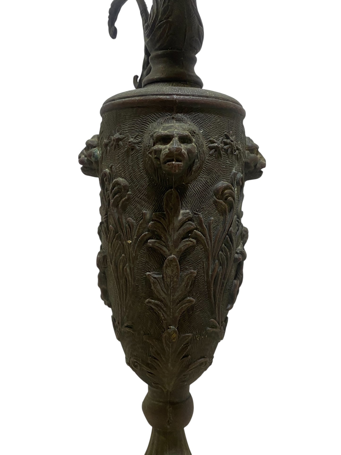 Ornate Italian Brass Ewer with Lion Heads & Putti – Gothic Revival Style