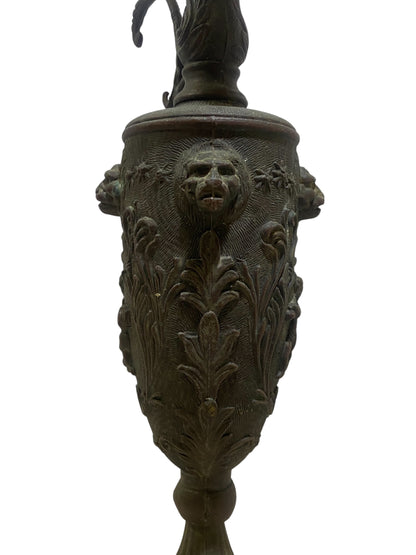 Ornate Italian Brass Ewer with Lion Heads & Putti – Gothic Revival Style