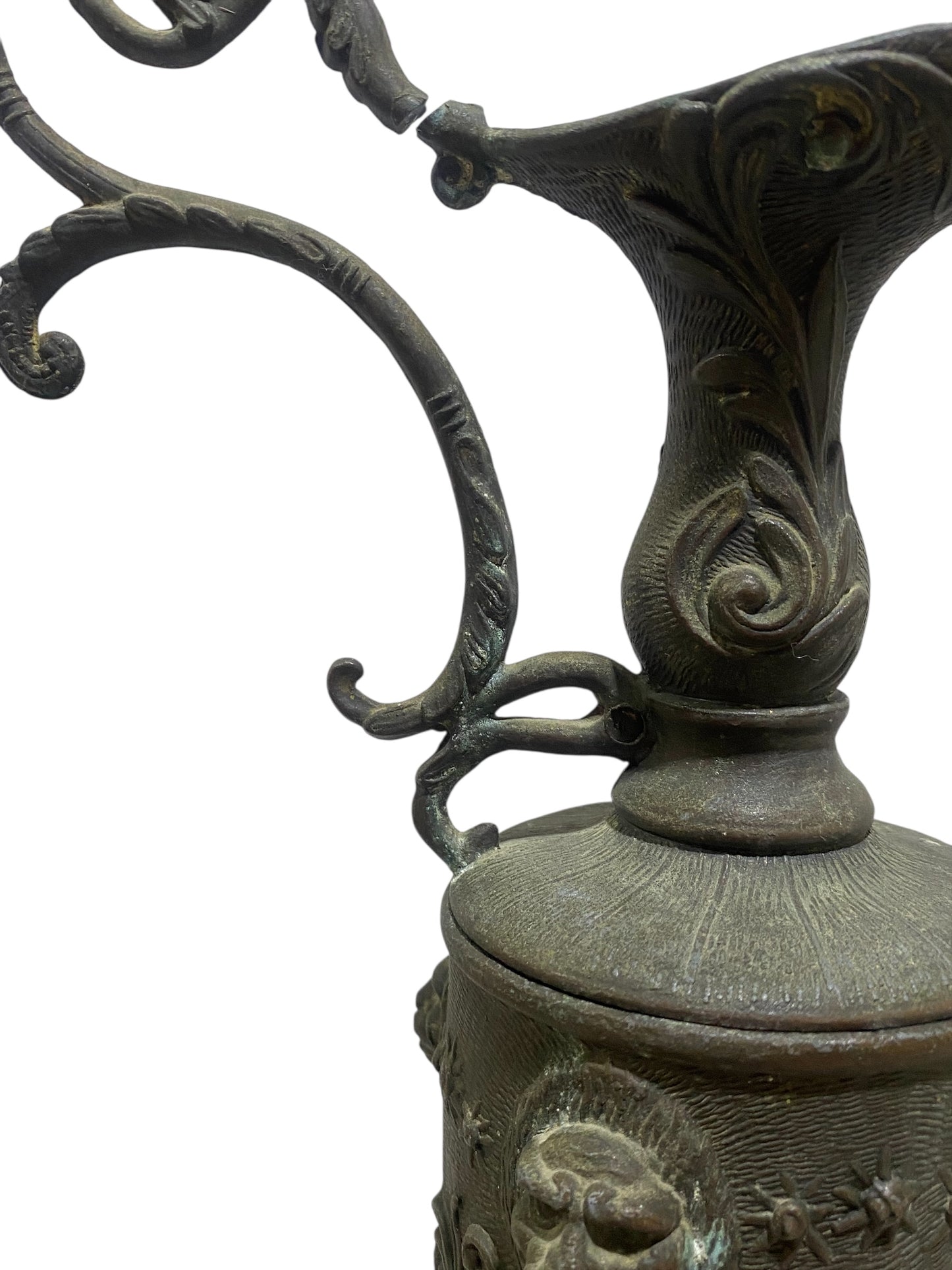 Ornate Italian Brass Ewer with Lion Heads & Putti – Gothic Revival Style