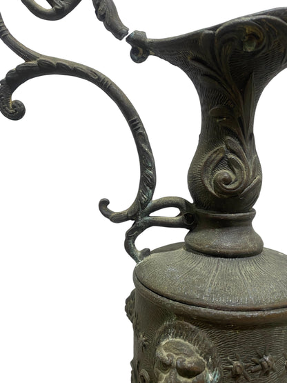 Ornate Italian Brass Ewer with Lion Heads & Putti – Gothic Revival Style