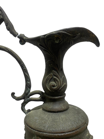Ornate Italian Brass Ewer with Lion Heads & Putti – Gothic Revival Style
