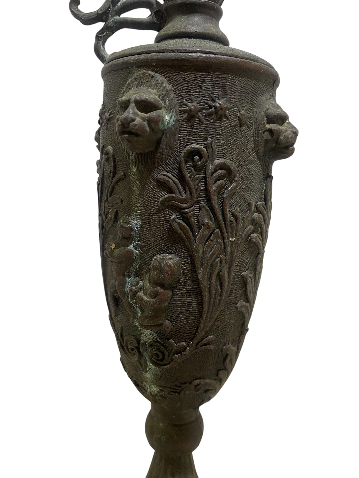 Ornate Italian Brass Ewer with Lion Heads & Putti – Gothic Revival Style