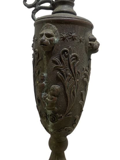 Ornate Italian Brass Ewer with Lion Heads & Putti – Gothic Revival Style