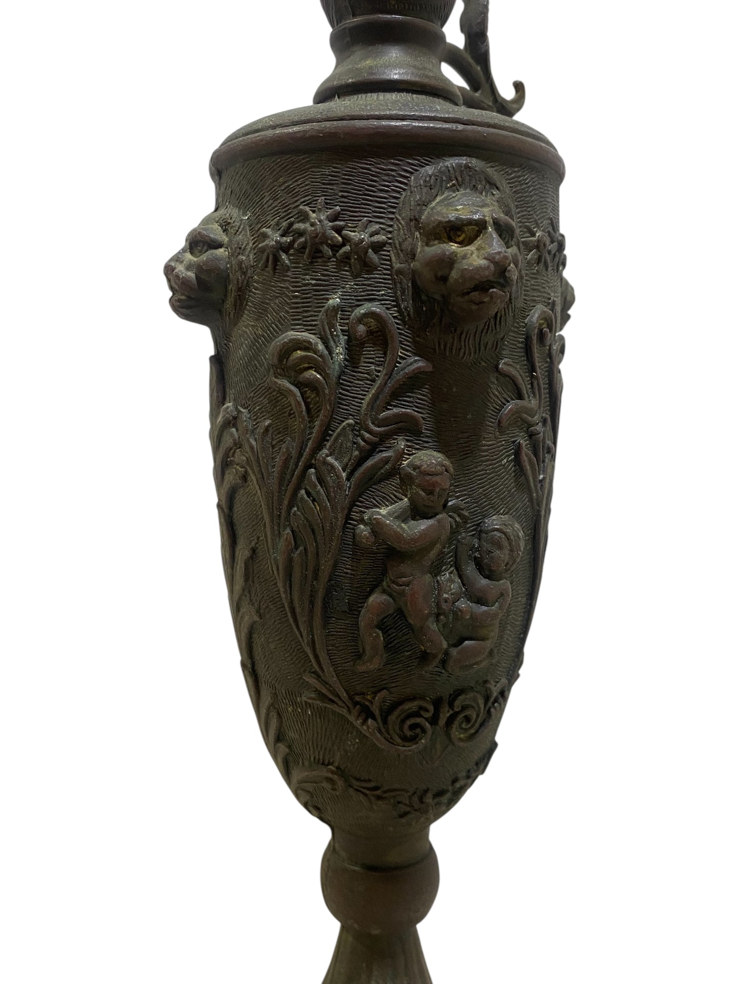 Ornate Italian Brass Ewer with Lion Heads & Putti – Gothic Revival Style