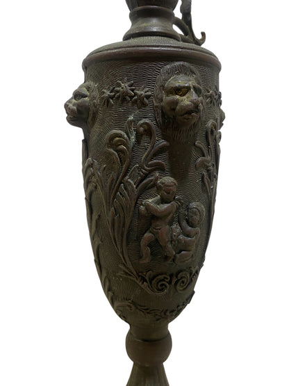 Ornate Italian Brass Ewer with Lion Heads & Putti – Gothic Revival Style