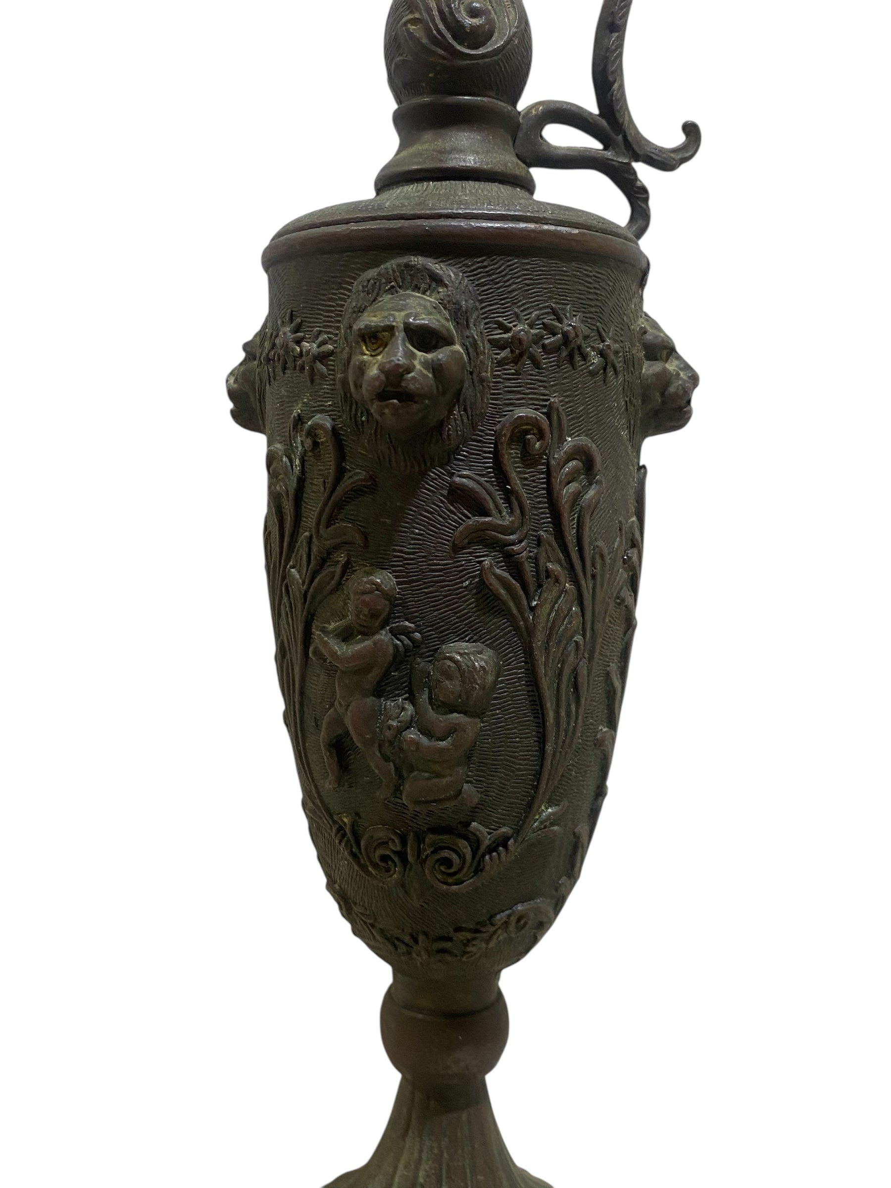 Ornate Italian Brass Ewer with Lion Heads & Putti – Gothic Revival Style