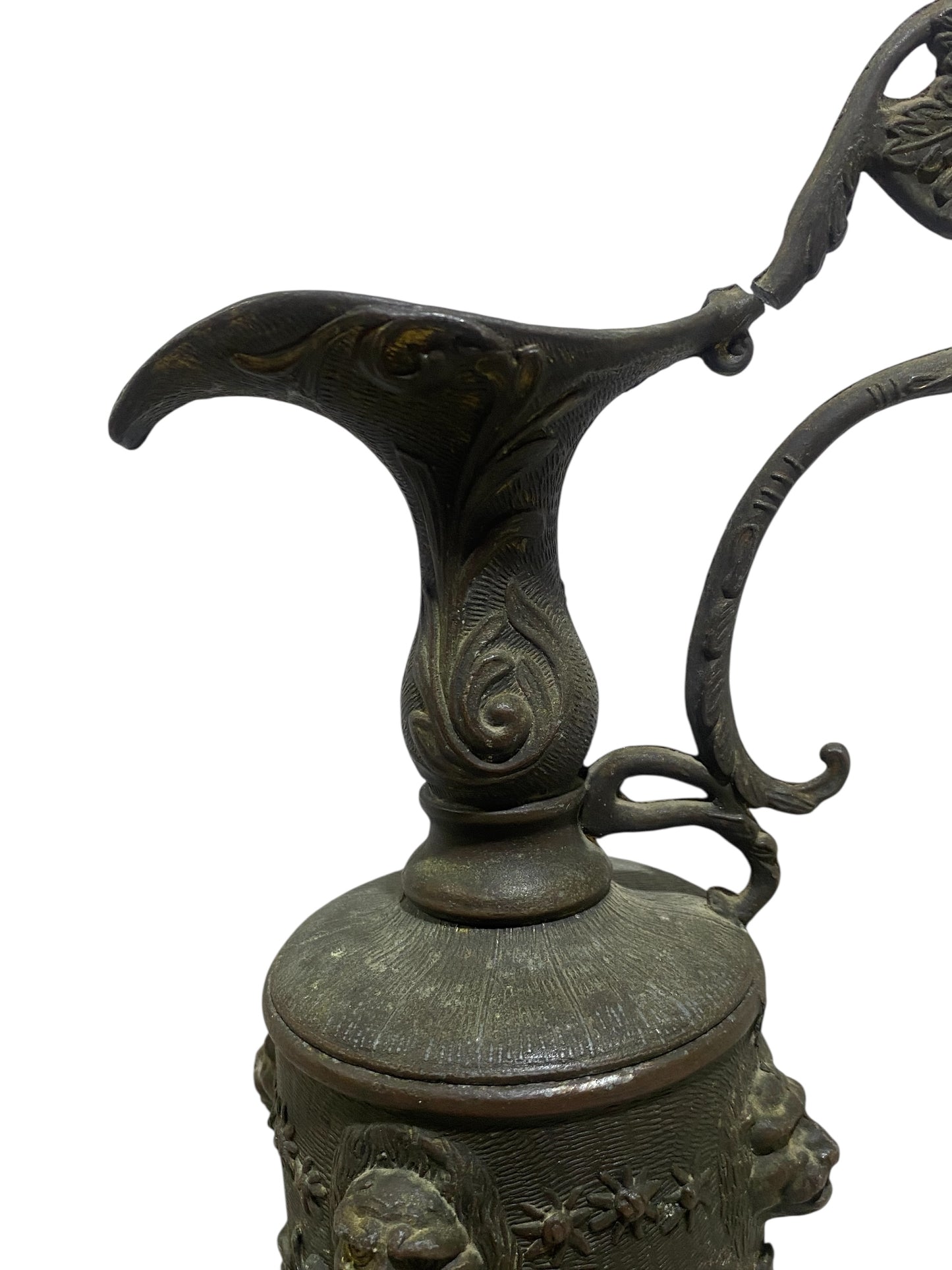 Ornate Italian Brass Ewer with Lion Heads & Putti – Gothic Revival Style