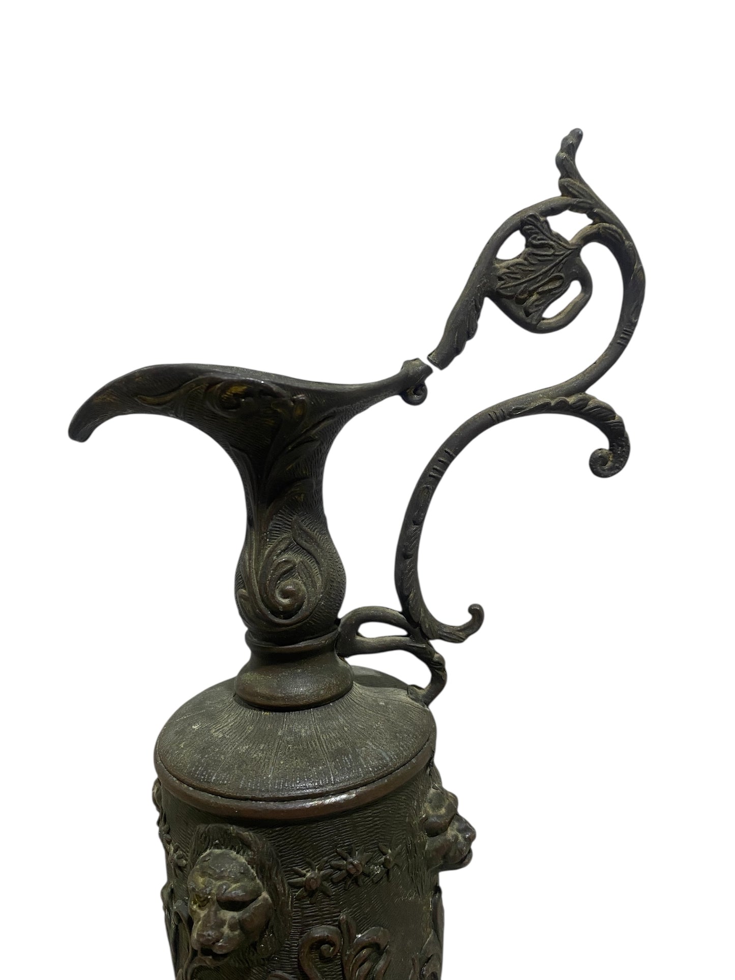 Ornate Italian Brass Ewer with Lion Heads & Putti – Gothic Revival Style