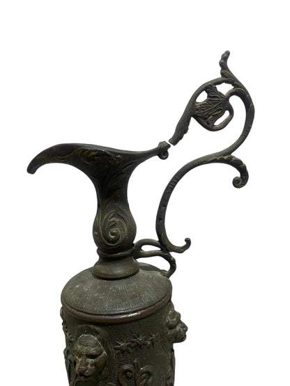 Ornate Italian Brass Ewer with Lion Heads & Putti – Gothic Revival Style