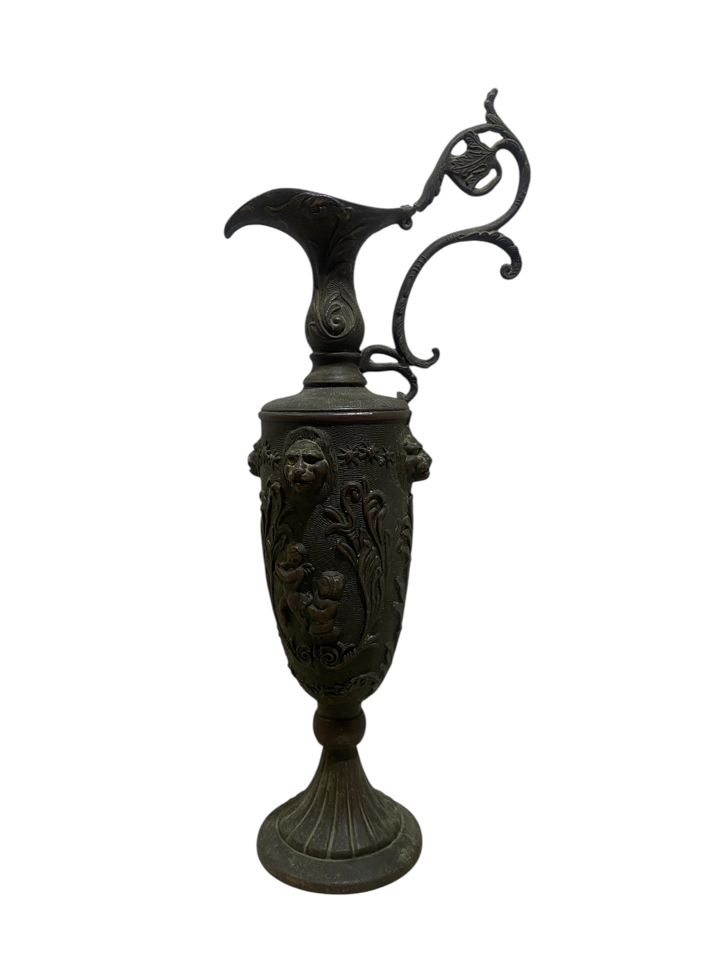 Ornate Italian Brass Ewer with Lion Heads & Putti – Gothic Revival Style