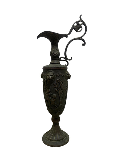 Ornate Italian Brass Ewer with Lion Heads & Putti – Gothic Revival Style