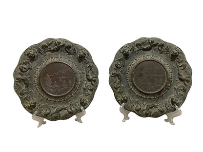 Pair of Vintage Italian Decorative Plates – Cherubs, Lions & Landscape Scene – Semi-Bronze