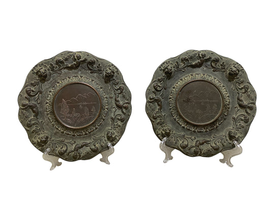 Pair of Vintage Italian Decorative Plates – Cherubs, Lions & Landscape Scene – Semi-Bronze