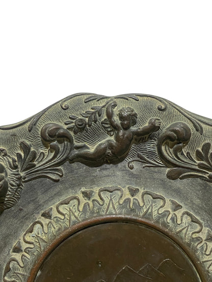 Pair of Vintage Italian Decorative Plates – Cherubs, Lions & Landscape Scene – Semi-Bronze