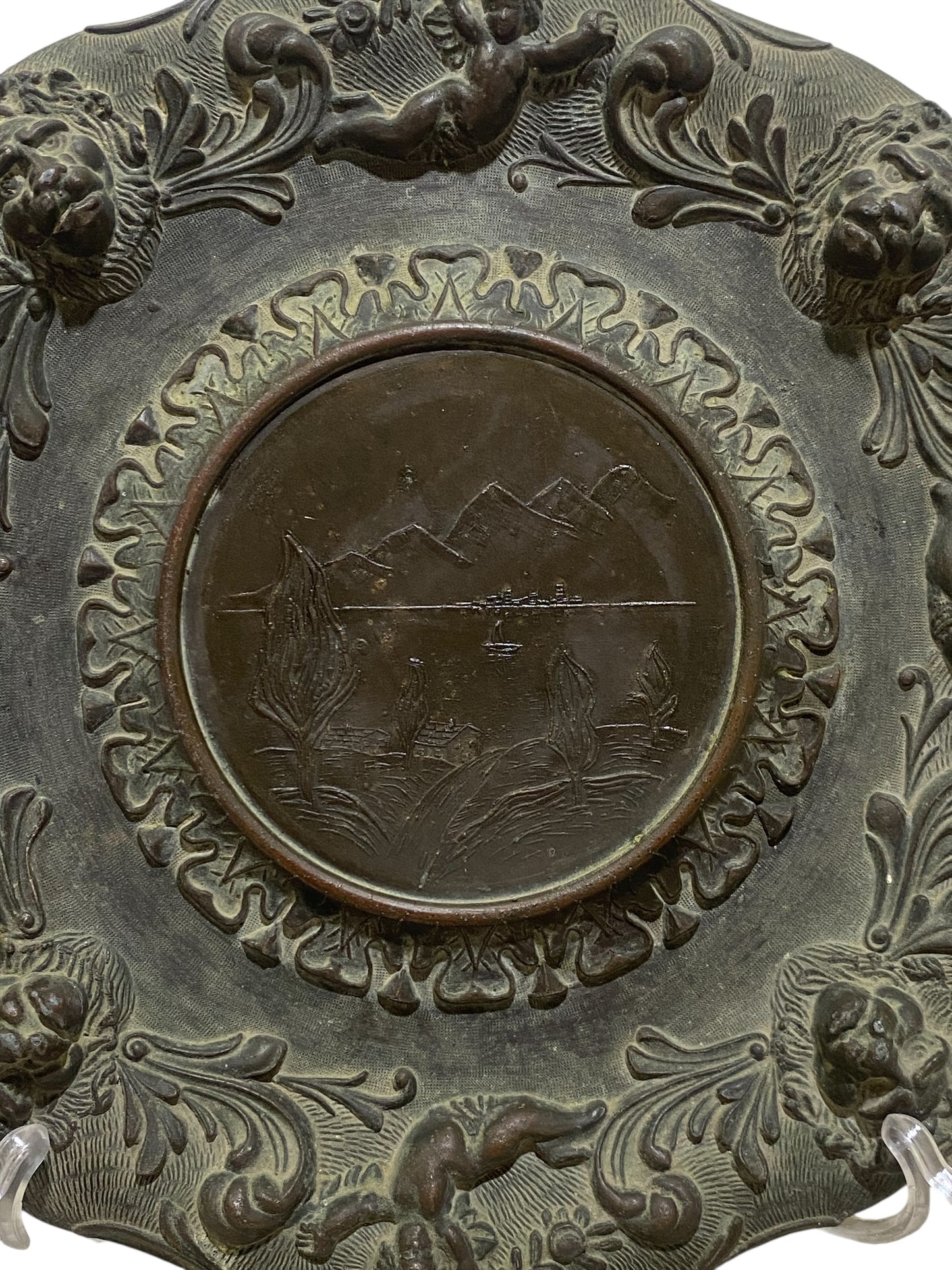 Pair of Vintage Italian Decorative Plates – Cherubs, Lions & Landscape Scene – Semi-Bronze