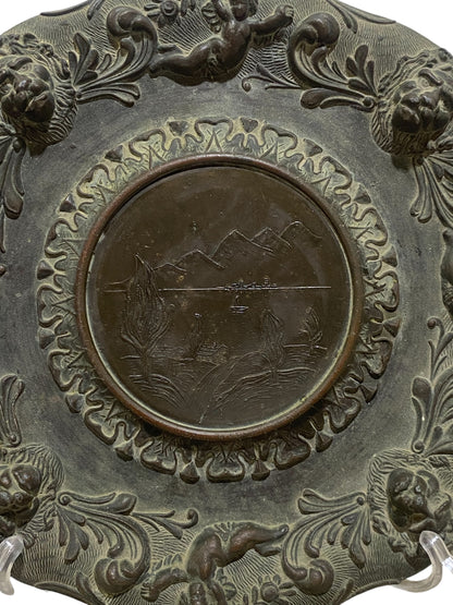 Pair of Vintage Italian Decorative Plates – Cherubs, Lions & Landscape Scene – Semi-Bronze