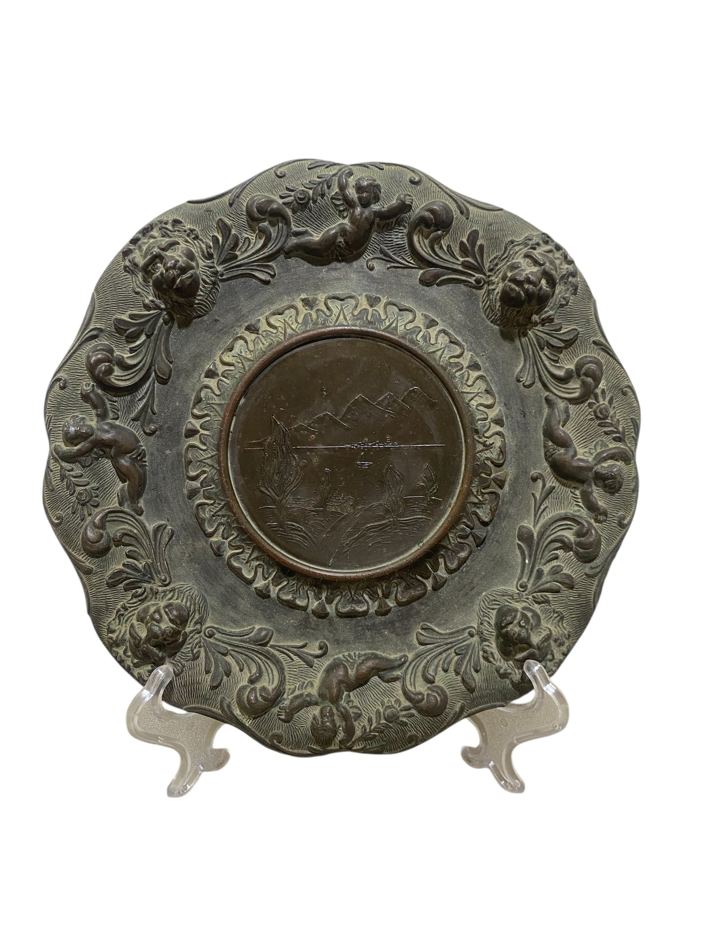 Pair of Vintage Italian Decorative Plates – Cherubs, Lions & Landscape Scene – Semi-Bronze