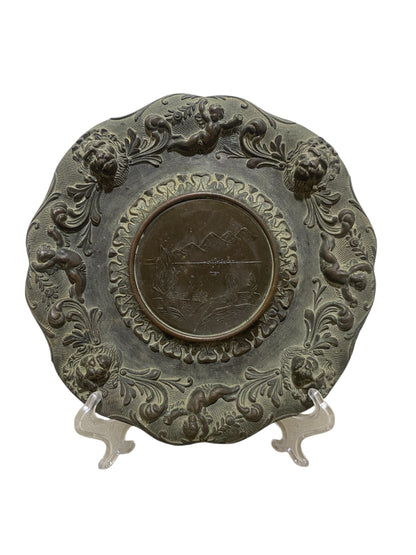 Pair of Vintage Italian Decorative Plates – Cherubs, Lions & Landscape Scene – Semi-Bronze