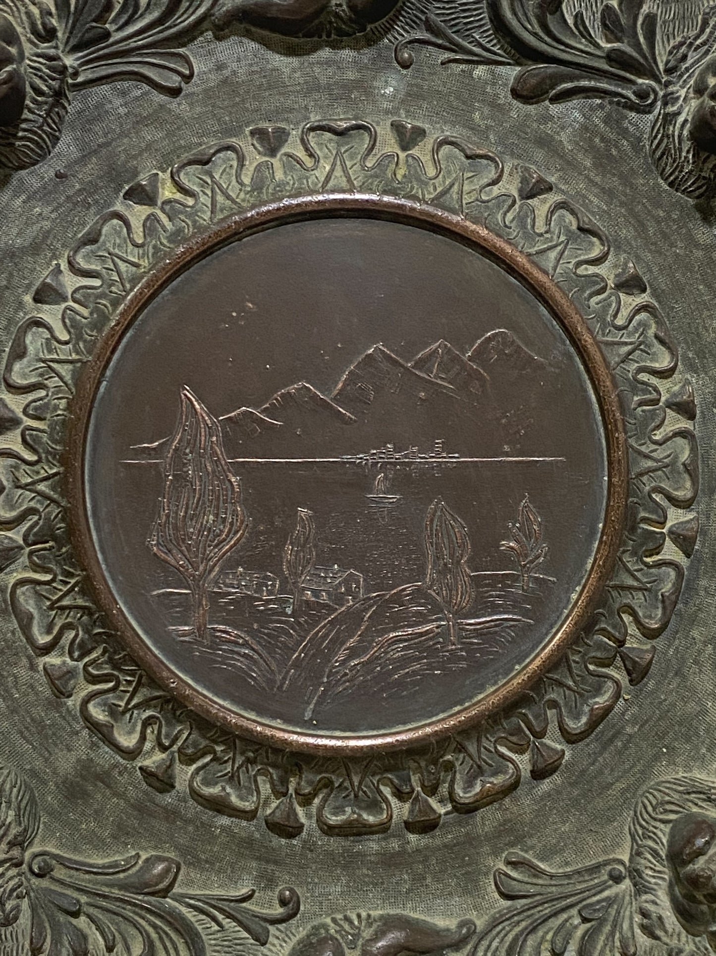 Pair of Vintage Italian Decorative Plates – Cherubs, Lions & Landscape Scene – Semi-Bronze