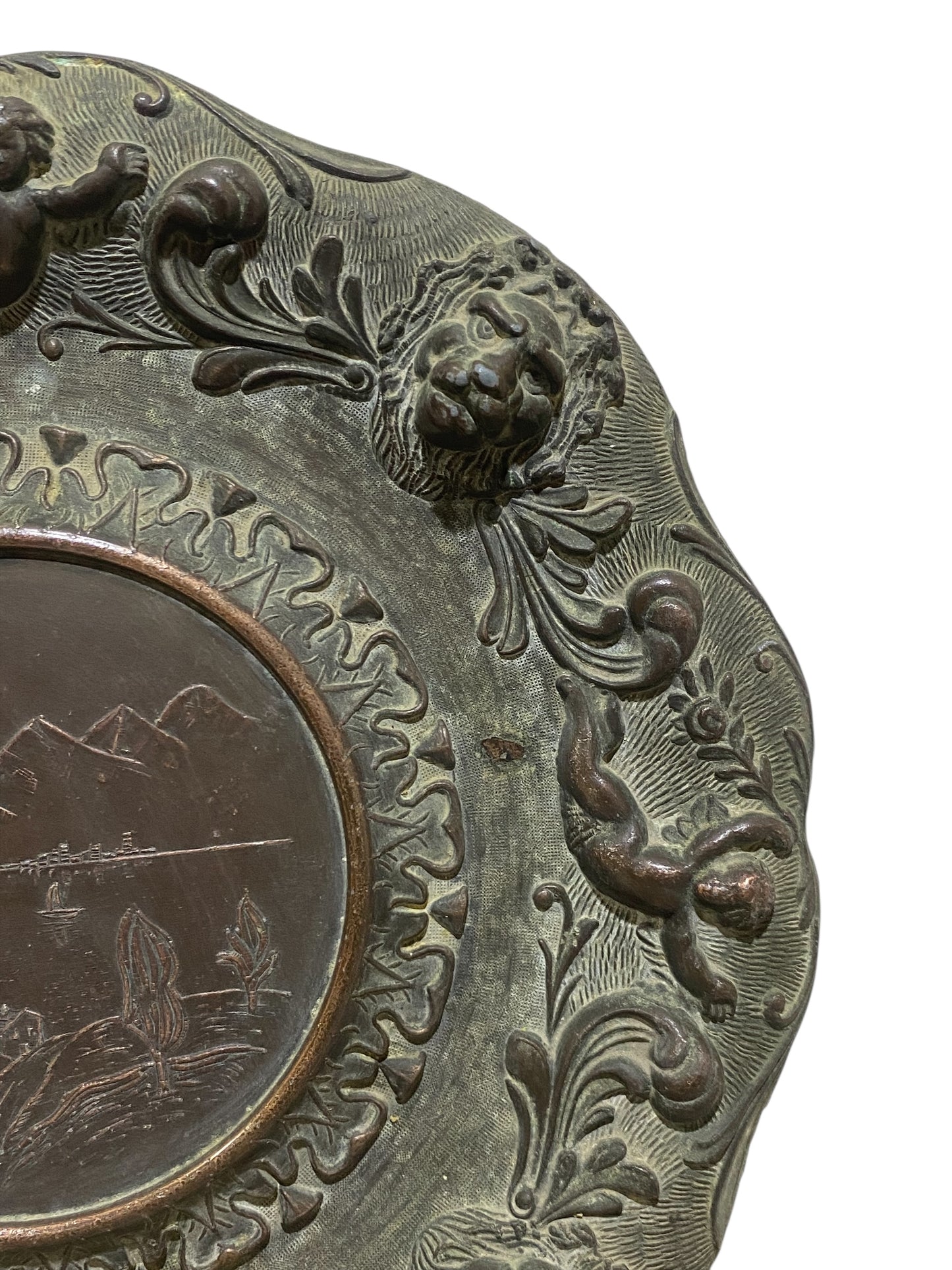Pair of Vintage Italian Decorative Plates – Cherubs, Lions & Landscape Scene – Semi-Bronze