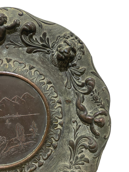 Pair of Vintage Italian Decorative Plates – Cherubs, Lions & Landscape Scene – Semi-Bronze
