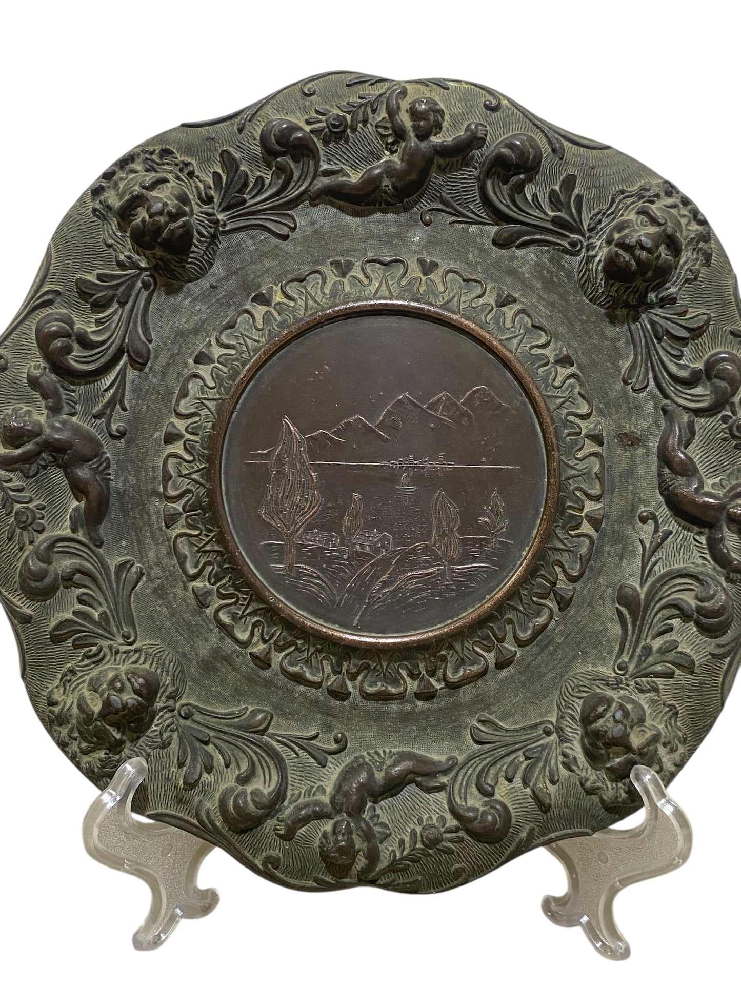 Pair of Vintage Italian Decorative Plates – Cherubs, Lions & Landscape Scene – Semi-Bronze