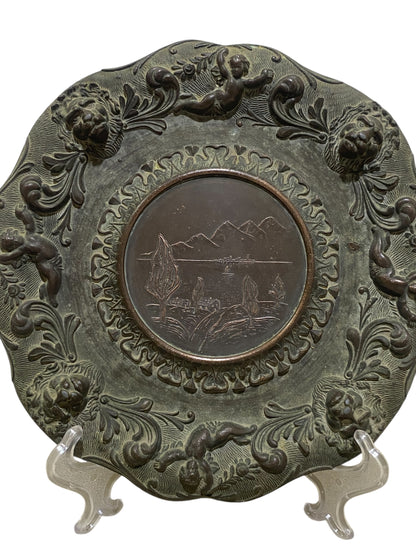 Pair of Vintage Italian Decorative Plates – Cherubs, Lions & Landscape Scene – Semi-Bronze