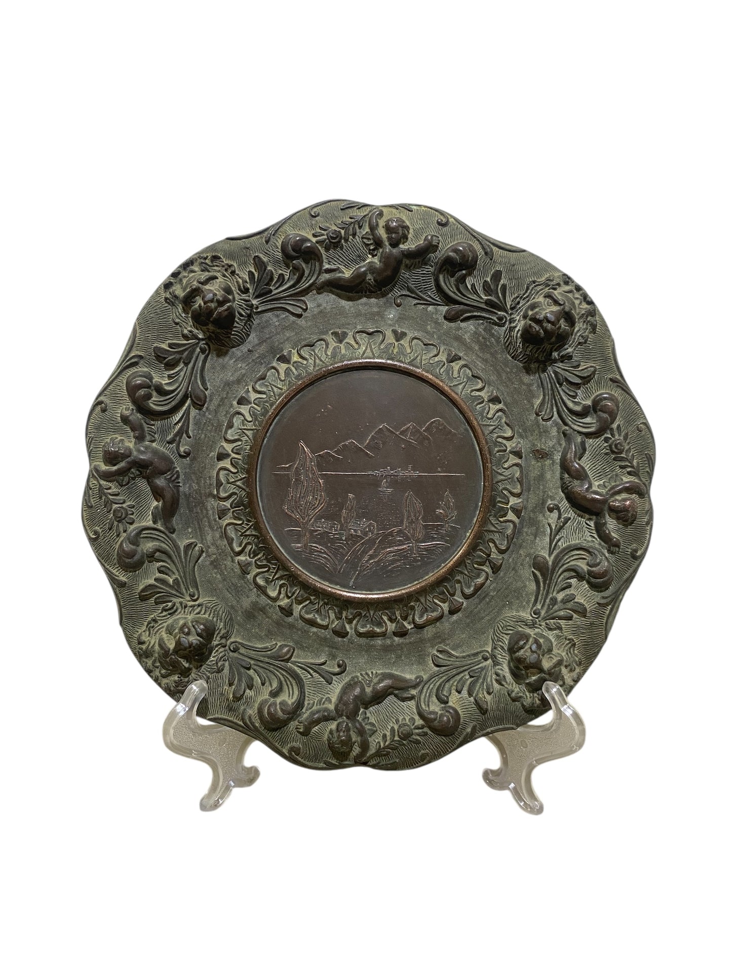 Pair of Vintage Italian Decorative Plates – Cherubs, Lions & Landscape Scene – Semi-Bronze