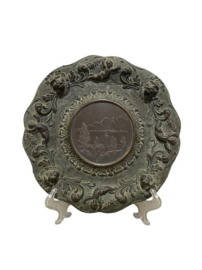 Pair of Vintage Italian Decorative Plates – Cherubs, Lions & Landscape Scene – Semi-Bronze