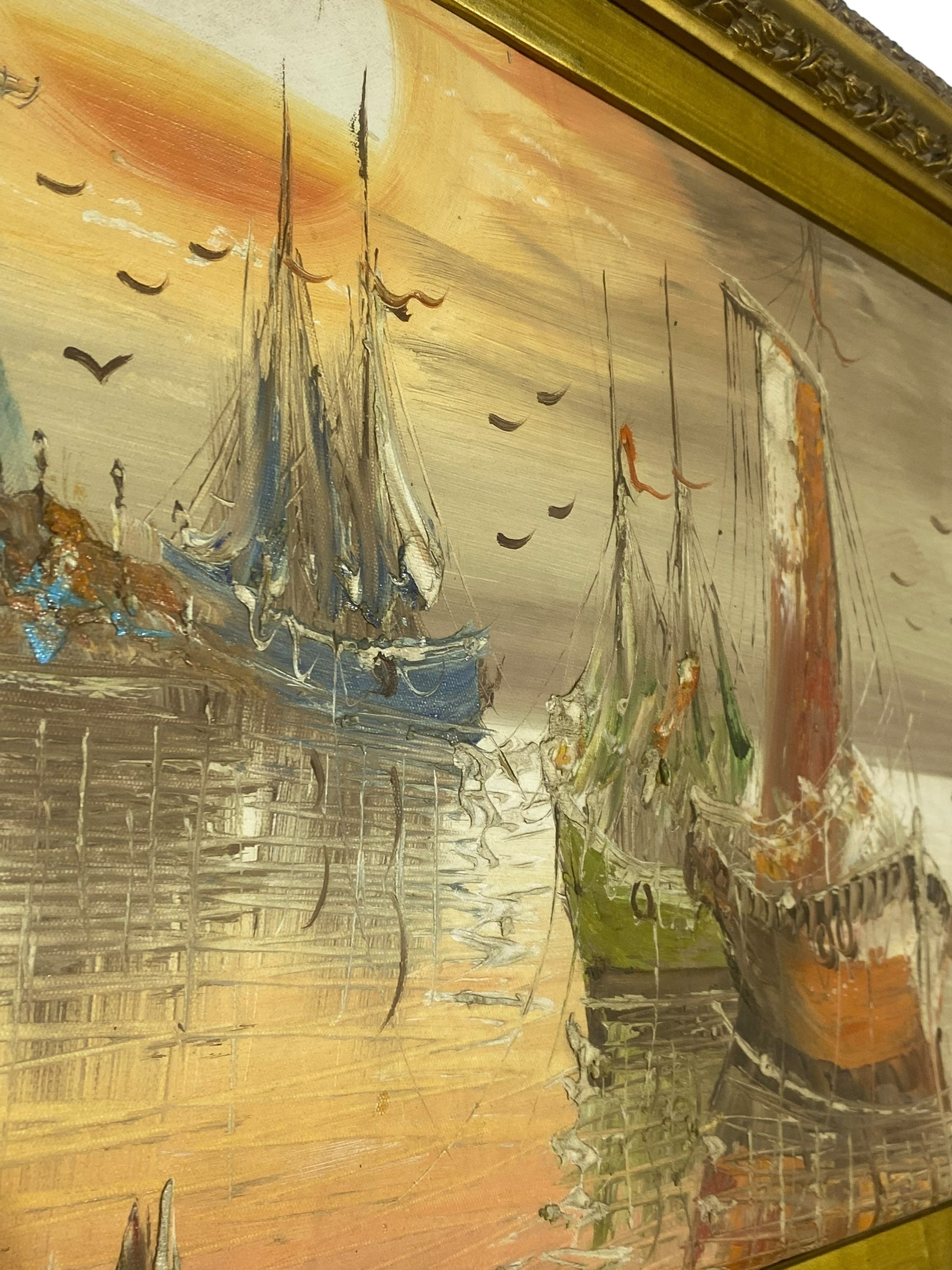 Large Vintage European Oil Painting – Palette Knife Technique
