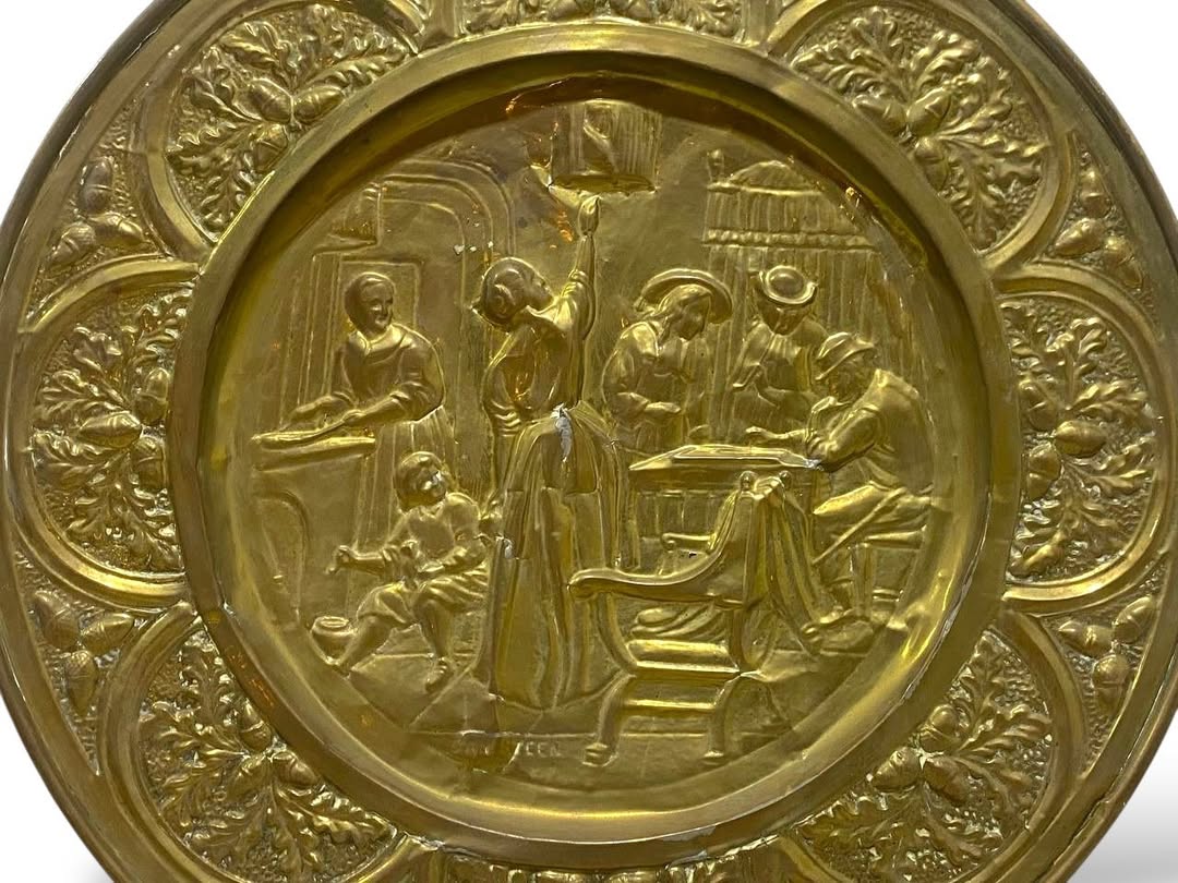 Antique English Bronze Tray – Hand-Hammered Engraving