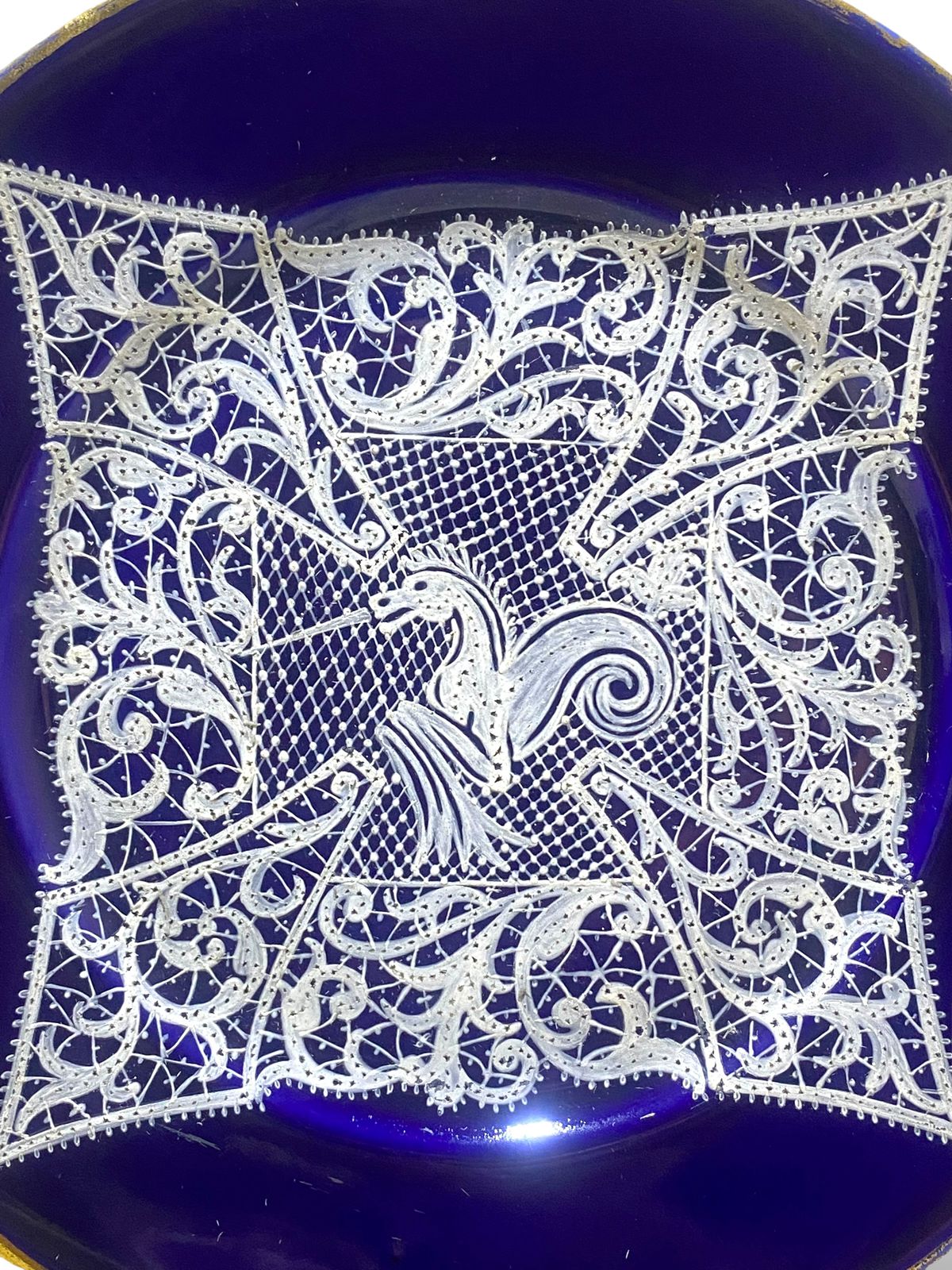 Pair of Vintage Gally & C. Venezia Porcelain Plates – Cobalt Blue with Intricate Lace Motifs