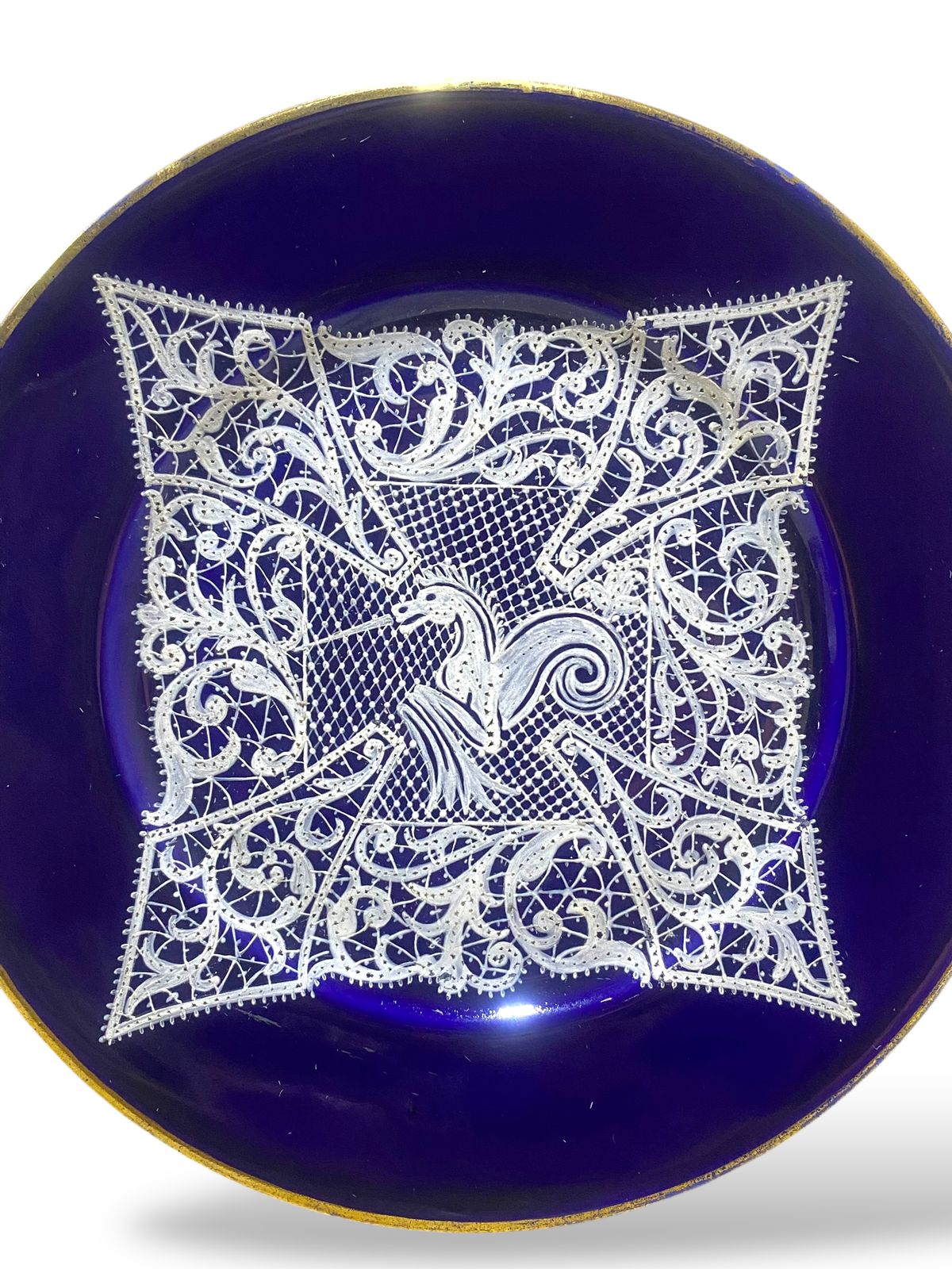 Pair of Vintage Gally & C. Venezia Porcelain Plates – Cobalt Blue with Intricate Lace Motifs