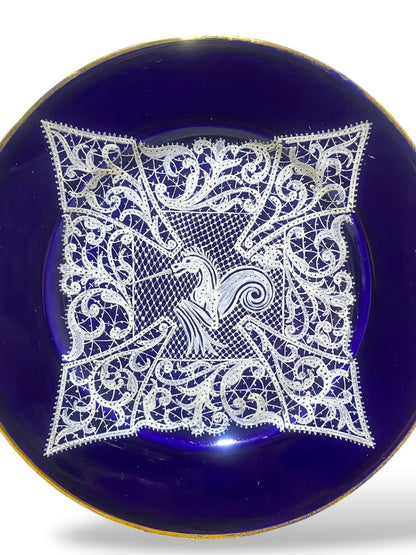 Pair of Vintage Gally & C. Venezia Porcelain Plates – Cobalt Blue with Intricate Lace Motifs