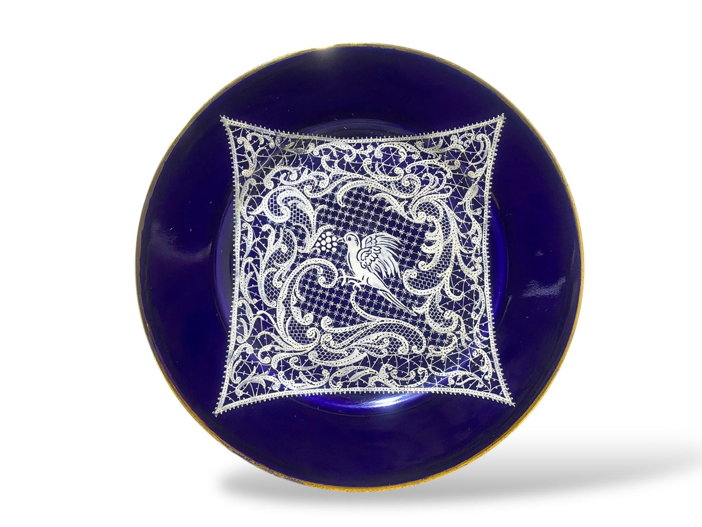 Pair of Vintage Gally & C. Venezia Porcelain Plates – Cobalt Blue with Intricate Lace Motifs