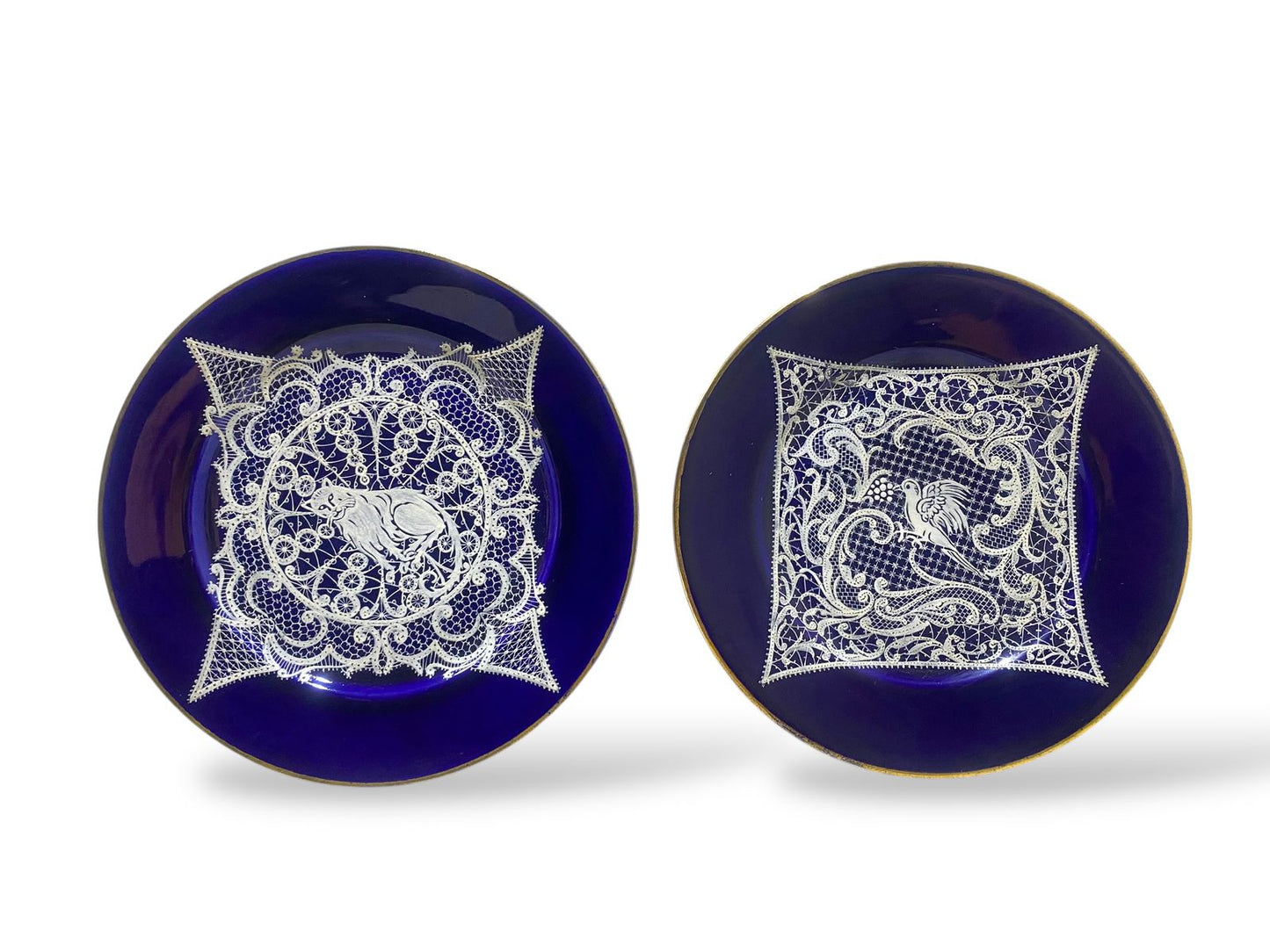 Pair of Vintage Gally & C. Venezia Porcelain Plates – Cobalt Blue with Intricate Lace Motifs