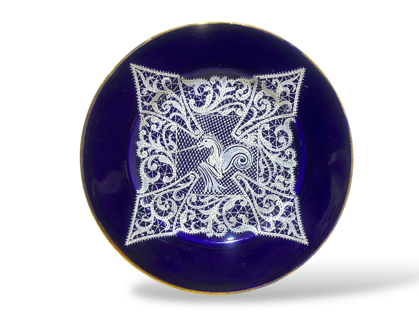 Pair of Vintage Gally & C. Venezia Porcelain Plates – Cobalt Blue with Intricate Lace Motifs