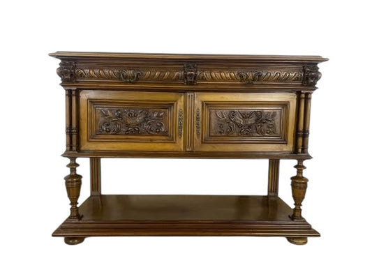 “Original 19th Century French Buffets – Matching Pair, Solid Oak with Hand-Carved Lion Heads”