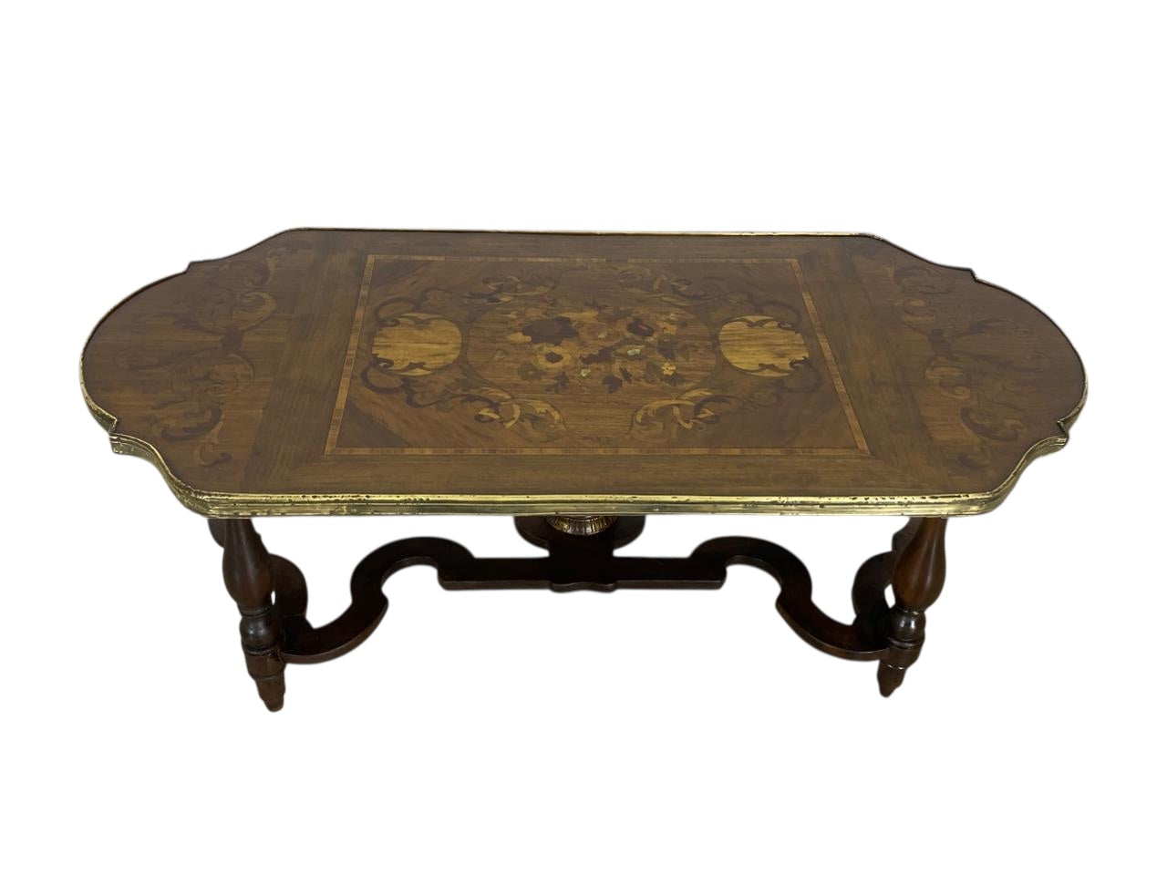 Antique French Center Table – Solid Mahogany Wood with Marquetry and Bronze Frame