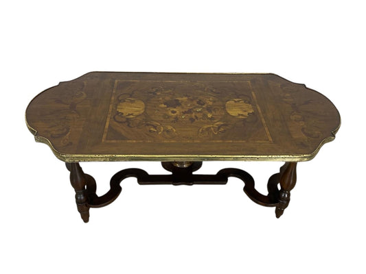 Antique French Center Table – Solid Mahogany Wood with Marquetry and Bronze Frame
