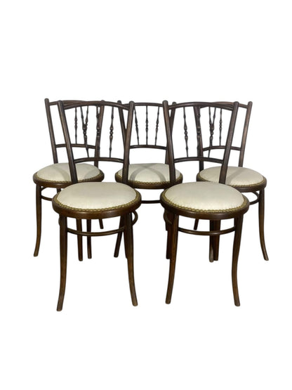 Set of 5 Original English Thonet Chairs – Solid Mahogany, Steam-Bent, Newly Upholstered