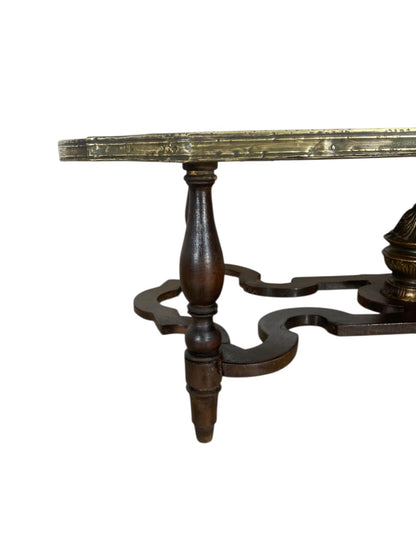 Antique French Center Table – Solid Mahogany Wood with Marquetry and Bronze Frame