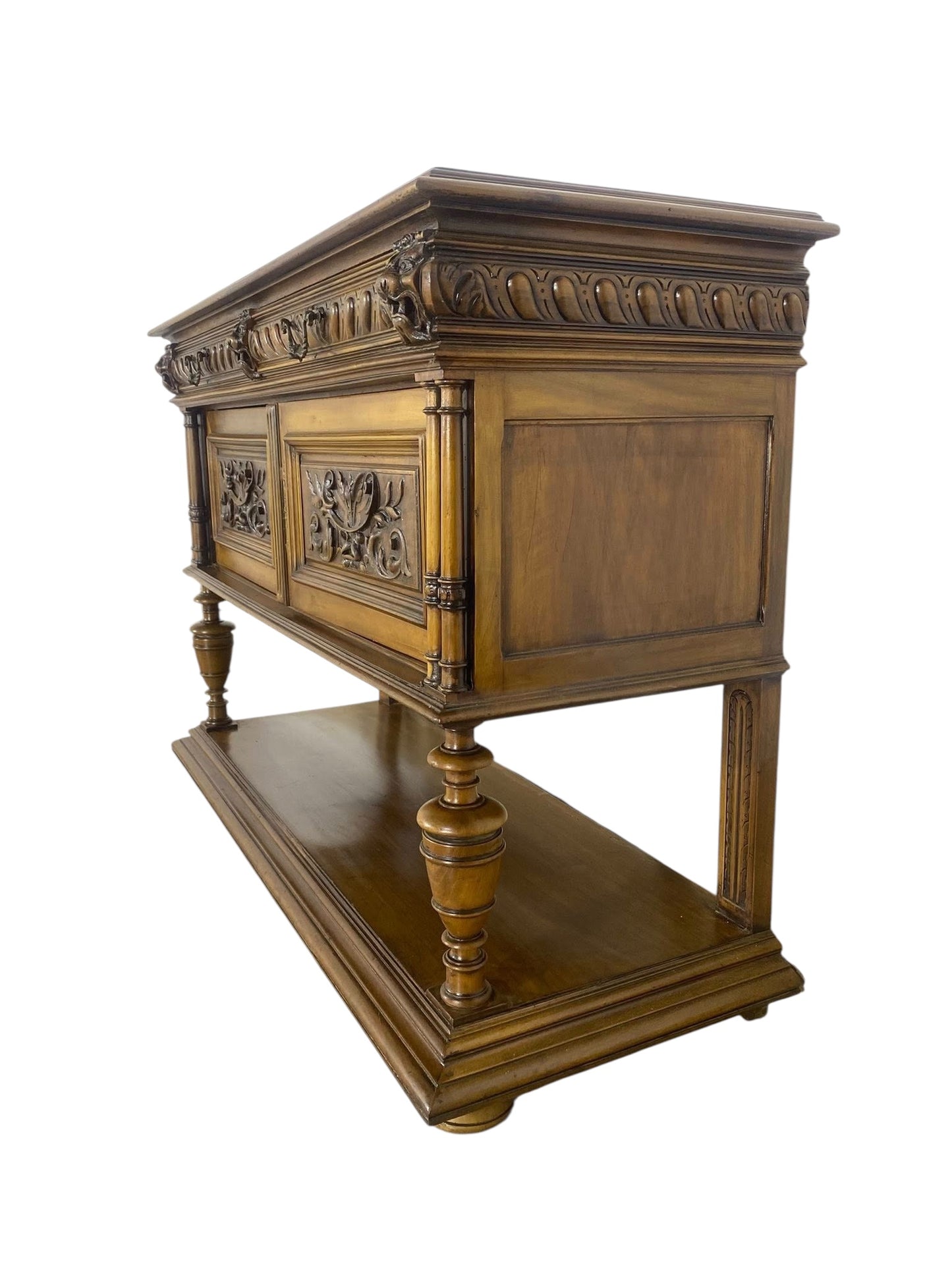 “Original 19th Century French Buffets – Matching Pair, Solid Oak with Hand-Carved Lion Heads”