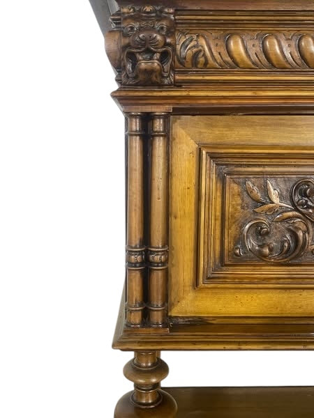 “Original 19th Century French Buffets – Matching Pair, Solid Oak with Hand-Carved Lion Heads”