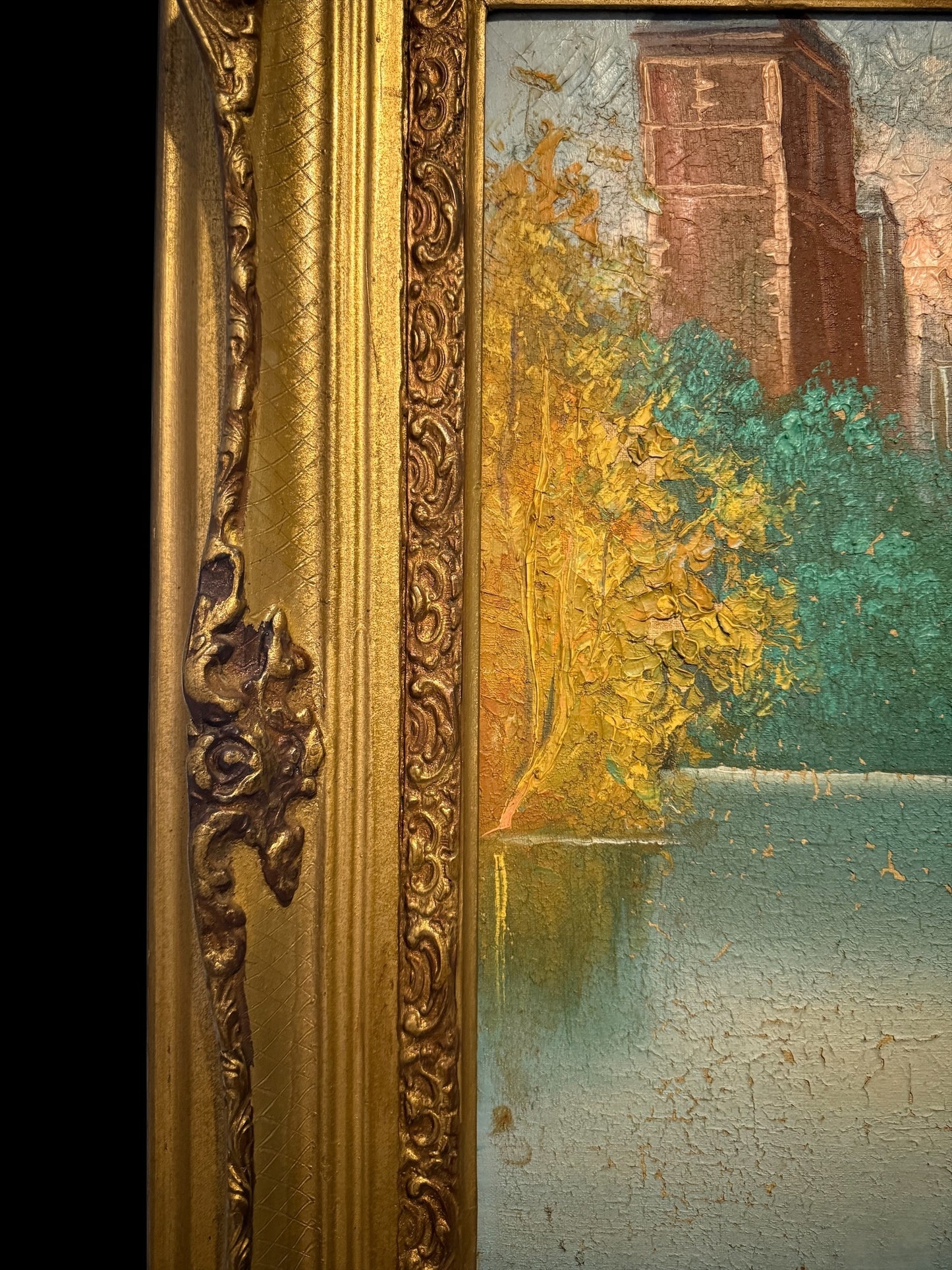 Exceptional European Oil Painting – Signed, 20th Century, Hand-Carved Frame tableaux