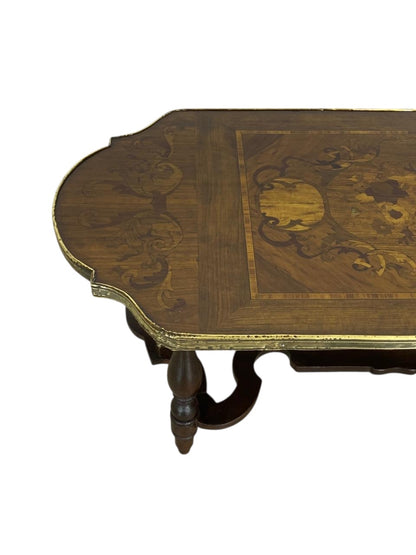 Antique French Center Table – Solid Mahogany Wood with Marquetry and Bronze Frame